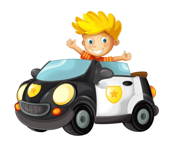 卡通玩具警车与孩子在它 男孩在白色背景 孩子的例证 — 图库照片