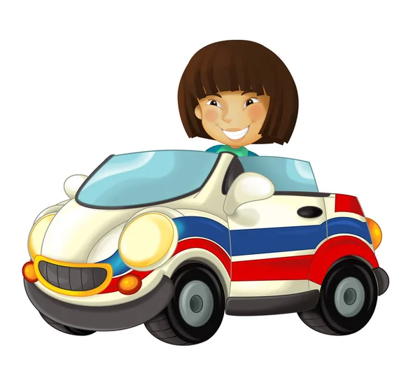 卡通场面与孩子女孩在玩具汽车救护车在白色背景 孩子的例证 — 图库照片