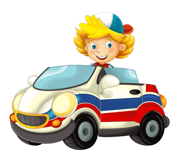 Kreskówka Scena Dzieckiem Chłopiec Zabawki Samochodu Pogotowia Białym Tle Ilustracja — Zdjęcie stockowe