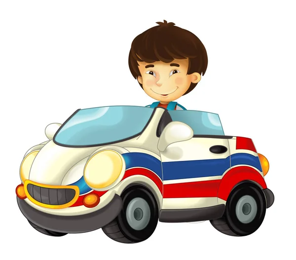 Cena Dos Desenhos Animados Com Criança Menino Ambulância Carro Brinquedo — Fotografia de Stock