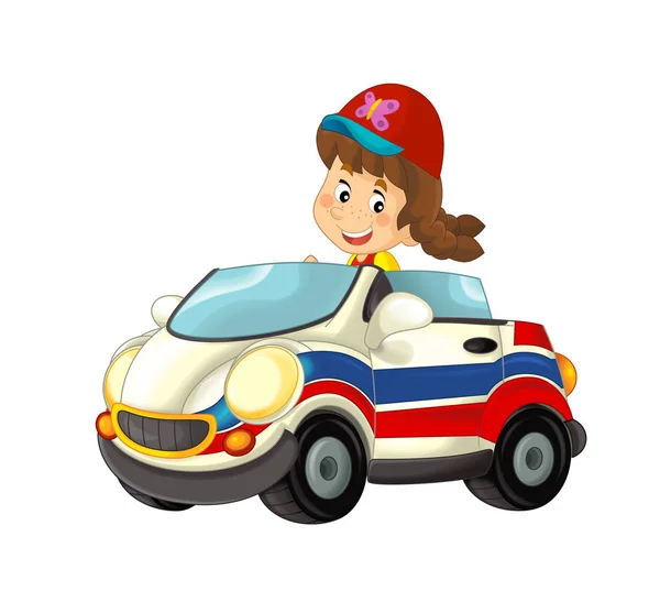 Cartoon Scène Met Kind Meisje Speelgoed Auto Ambulance Witte Achtergrond — Stockfoto