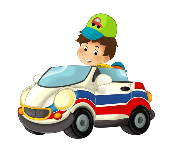 卡通场面与儿童男孩在玩具汽车救护车在白色背景 孩子的例证 — 图库照片