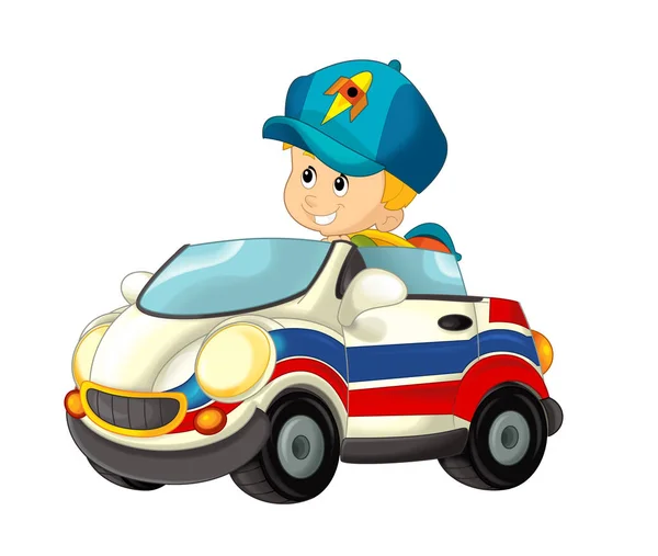 Cartoon Scène Met Kind Boy Speelgoed Auto Ambulance Witte Achtergrond — Stockfoto