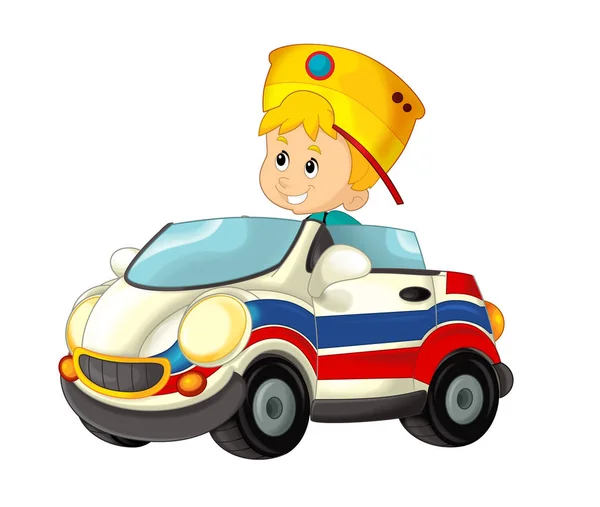 Cartoon Scène Met Kind Boy Speelgoed Auto Ambulance Witte Achtergrond — Stockfoto