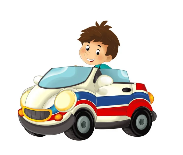 Cartoon Scène Met Kind Boy Speelgoed Auto Ambulance Witte Achtergrond — Stockfoto