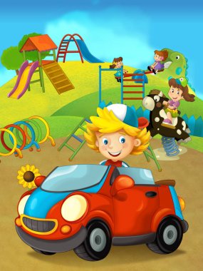 mutlu ve komik çocuklar oyun ve arabada - illüstrasyon çocuklar için çizgi film sahne