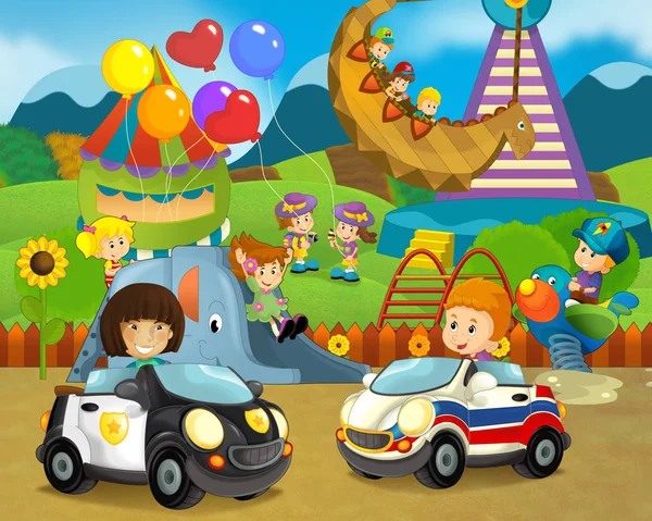Scena Dei Cartoni Animati Con Bambini Felici Divertenti Nel Parco — Foto Stock