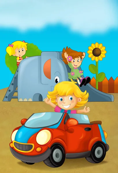 Cartoon Scene Happy Funny Kids Playground Car Illustration Children — Stock Photo, Image