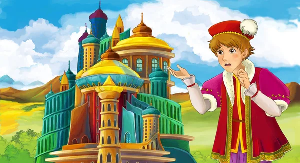 Escena Dibujos Animados Con Rey Príncipe Pie Frente Algún Castillo —  Fotos de Stock