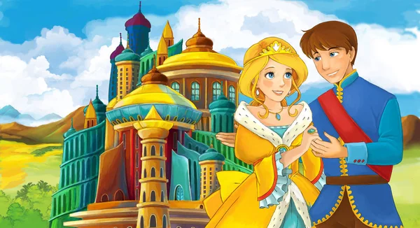 Escena Dibujos Animados Con Joven Príncipe Princesa Cerca Del Castillo —  Fotos de Stock