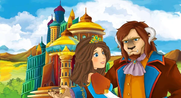 Zeichentrickszene Mit Jungen Prinzen Und Prinzessinnen Der Nähe Der Mittelalterlichen — Stockfoto