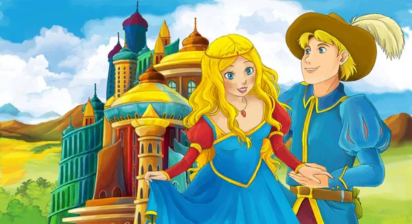 Scène Dessin Animé Avec Jeune Prince Princesse Près Beau Château — Photo