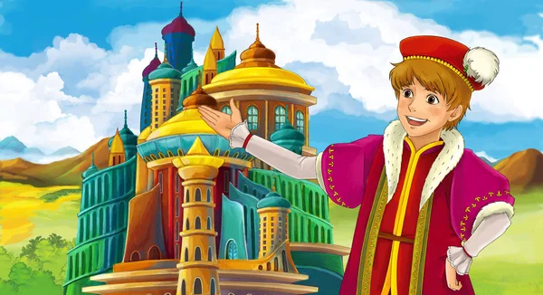 Escena Dibujos Animados Con Rey Príncipe Pie Frente Algún Castillo — Foto de Stock