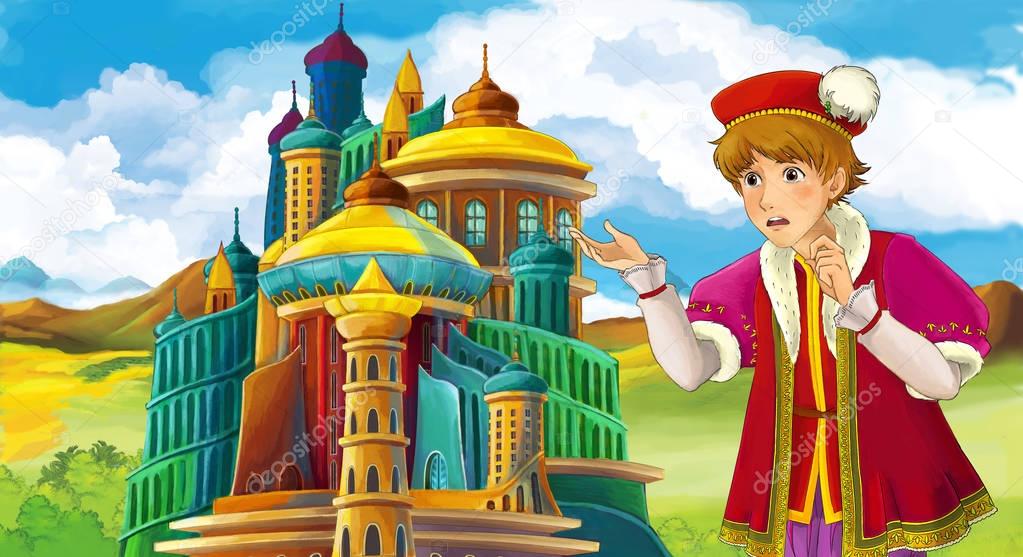 cartoon scene with king or prince standing in front of some castle - illustration for the children