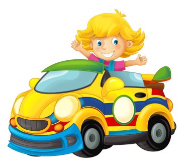Çizgi film sahne kız spor gülümseyen ve arıyorum - illüstrasyon çocuklar için araba ile