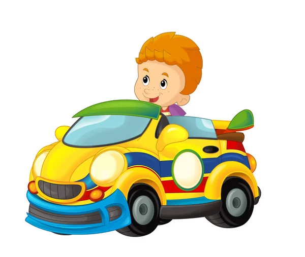 Cartoon scene with boy in sports car smiling and looking - illustration for children