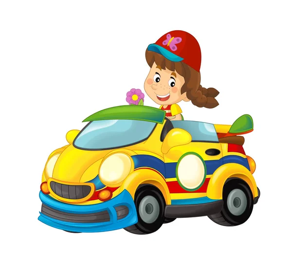 Cartoon Scene Girl Sports Car Smiling Looking Illustration Children — Stock Photo, Image