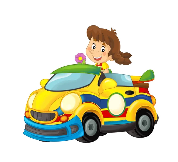Cartoon Scène Met Meisje Sportwagen Glimlachen Zoek Illustratie Voor Kinderen — Stockfoto