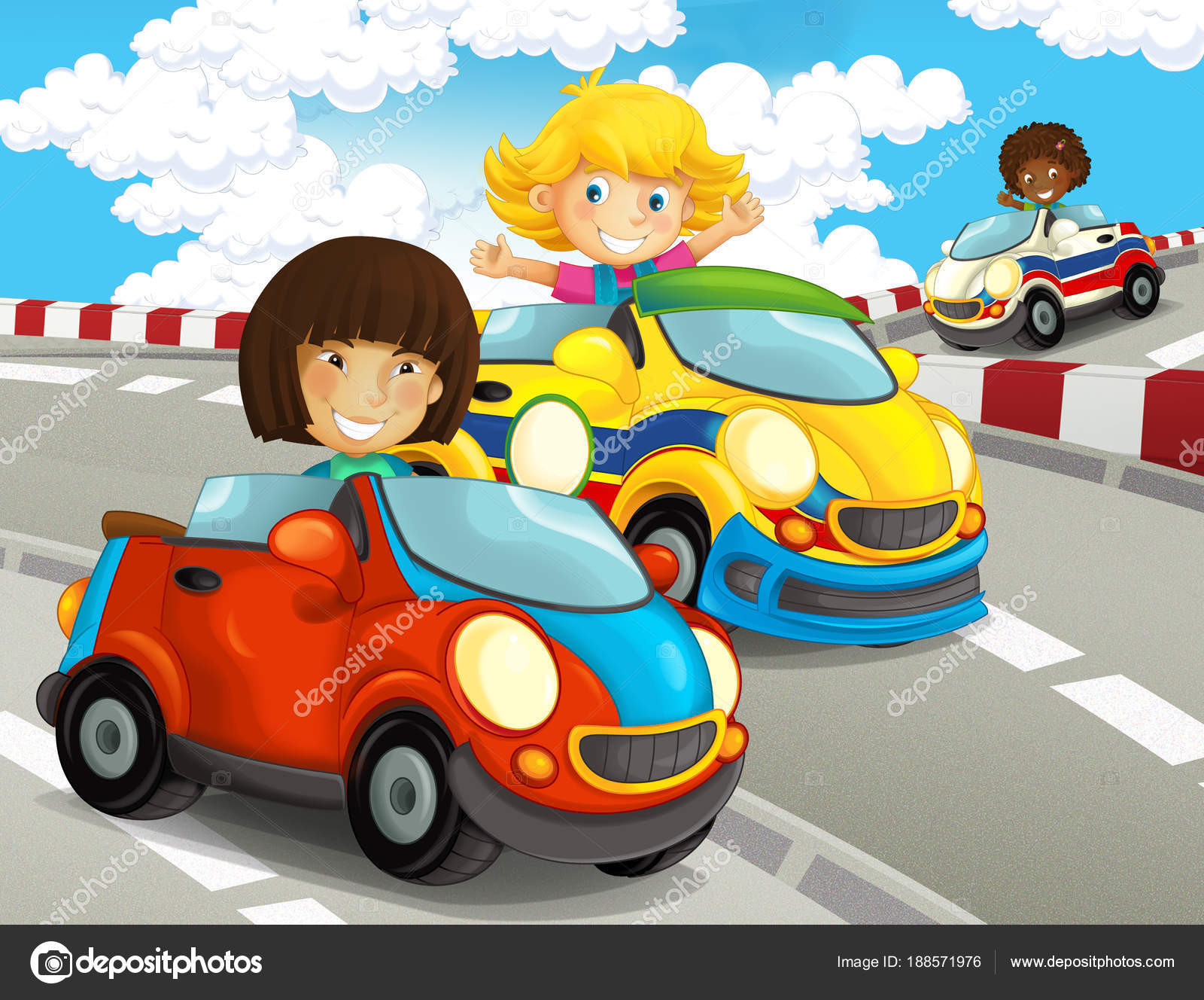 Cartoon Funny Happy Looking Children Girls Racing Cars Race Track Stock  Photo by ©illustrator_hft 188571976
