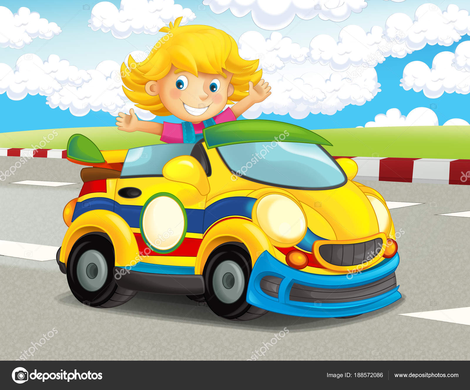 Cartoon Funny Happy Looking Child Girl Racing Car Race Track Stock Photo by  ©illustrator_hft 188572086
