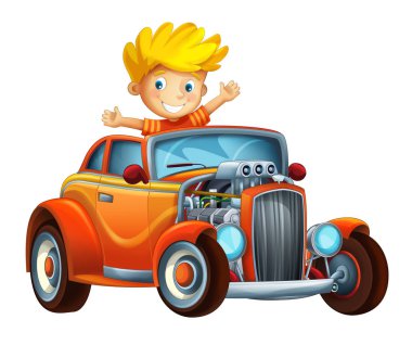 çizgi film sahne çocuk - çocuk serin hod çubuk araba beyaz arka planda - illüstrasyon çocuklar için seyir ile