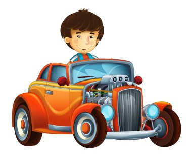 çizgi film sahne çocuk - çocuk serin hod çubuk araba beyaz arka planda - illüstrasyon çocuklar için seyir ile