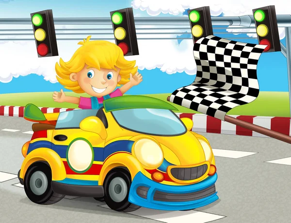 Kreskówki Śmieszne Szczęśliwy Patrząc Dziecko Dziewczynka Wyścigi Samochodowe Torze Ilustracja — Zdjęcie stockowe