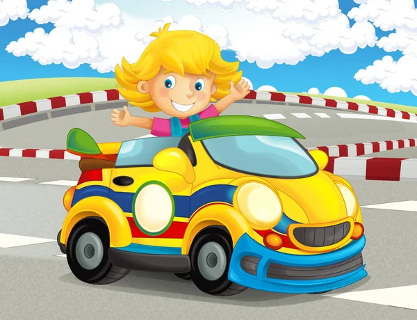 Cartoon Lustig Und Glücklich Aussehendes Kind Mädchen Rennwagen Auf Rennstrecke — Stockfoto