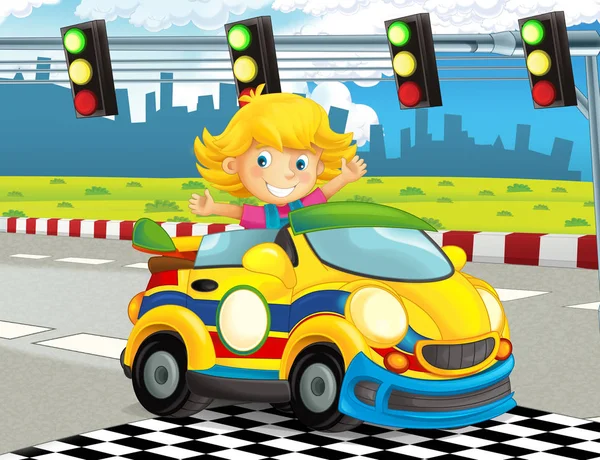 Dessin Animé Enfant Drôle Heureux Recherche Fille Voiture Course Sur — Photo