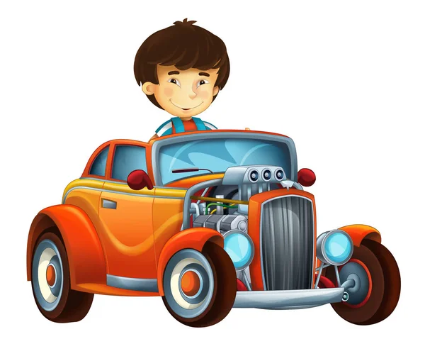 çizgi film sahne çocuk - çocuk serin hod çubuk araba beyaz arka planda - illüstrasyon çocuklar için seyir ile