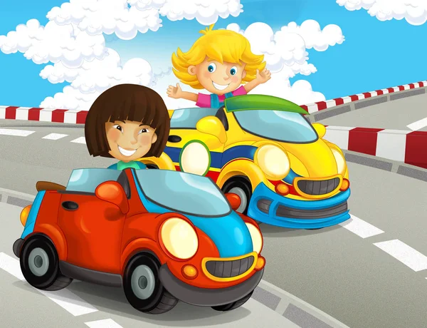 Rajzfilm Vicces Boldog Látszó Gyermekek Racing Autók Pályán Lányok Illusztráció Jogdíjmentes Stock Képek
