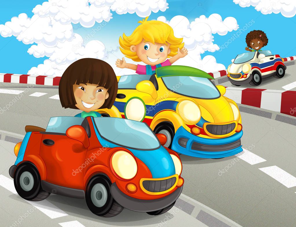 cartoon funny and happy looking children - girls in racing cars on race track - illustration for children