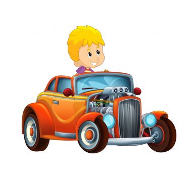 çizgi film sahne çocuk - çocuk serin hod çubuk araba beyaz arka planda - illüstrasyon çocuklar için seyir ile