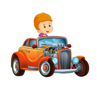 çizgi film sahne çocuk - çocuk serin hod çubuk araba beyaz arka planda - illüstrasyon çocuklar için seyir ile