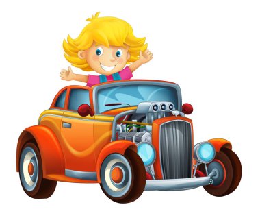 çizgi film sahne çocuklar için çocuk - kız güzel görünümlü hod çubuk araba beyaz arka plan üzerinde - çizim ile