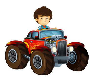 çizgi film sahne çocuk - çocuk serin hod çubuk araba beyaz arka planda - illüstrasyon çocuklar için seyir ile