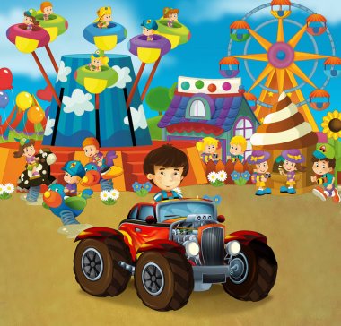 mutlu ve komik çocuklar oyun ve araba Cabriolet - illüstrasyon çocuklar için çizgi film sahne