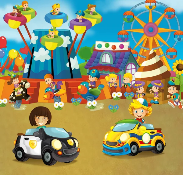 Cartoon Scen Med Glada Och Roliga Barn Lekplatsen Och Bilen — Stockfoto