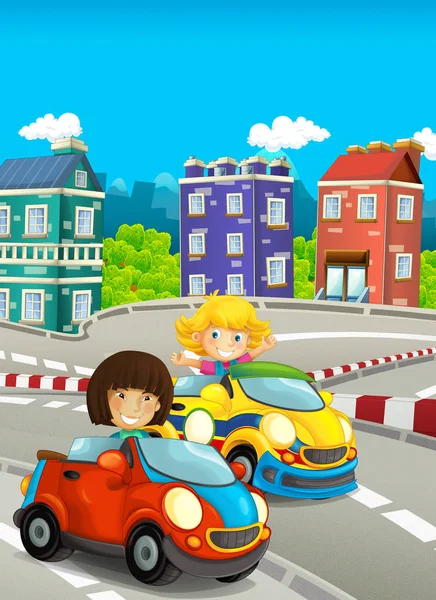 Desenhos Animados Engraçados Felizes Olhando Crianças Meninas Carros Corrida Pista Imagem De Stock