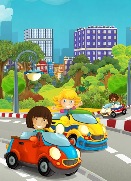 Kreskówki Śmieszne Szczęśliwy Patrząc Dzieci Dziewczyny Samochody Wyścigowe Torze Ilustracja — Zdjęcie stockowe