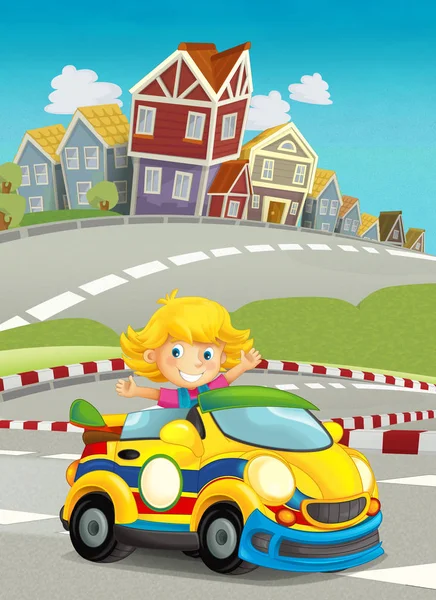 Мультфильм Смешной Счастливый Ребенок Девушка Гоночном Автомобиле Гоночной Трассе Иллюстрация — стоковое фото