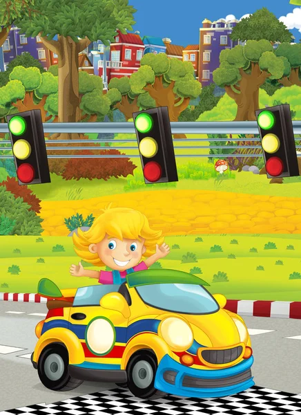 Cartone Animato Bambino Divertente Felice Ragazza Auto Corsa Pista Illustrazione — Foto Stock