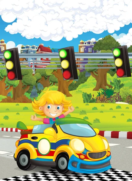 Cartoon Funny Happy Looking Child Girl Racing Car Race Track — Stock Photo, Image