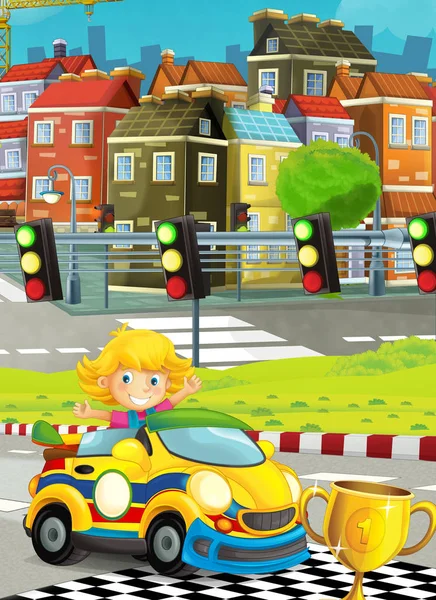 Cartoon Funny Happy Looking Child Girl Racing Car Race Track — Stock Photo, Image