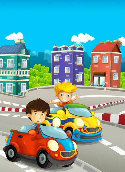 卡通滑稽和快乐看孩子 男孩在赛跑的汽车赛跑轨道 孩子例证 — 图库照片