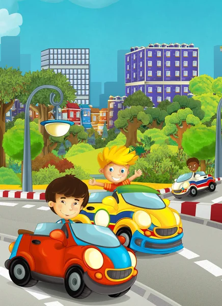 Dibujos Animados Niños Divertidos Aspecto Feliz Niños Coches Carreras Pista — Foto de Stock