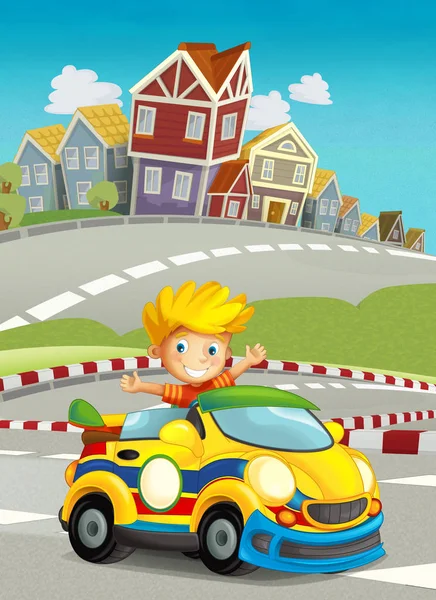 卡通滑稽和快乐的前瞻儿童男孩在赛车在赛道附近的城市 插图儿童 — 图库照片