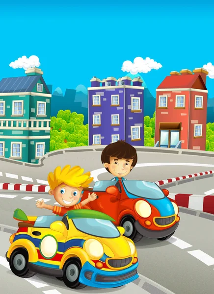 cartoon funny and happy looking children - boys in racing cars on race track - illustration for children