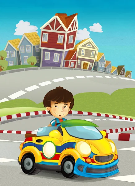 Karikatur Lustig Und Glücklich Aussehendes Kind Asiatischer Junge Rennwagen Auf — Stockfoto