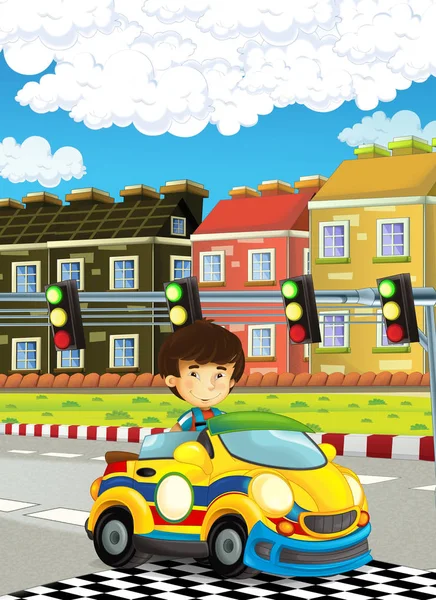 Мультфильм Смешной Счастливый Ребенок Азиатский Мальчик Гоночном Автомобиле Гоночной Трассе — стоковое фото